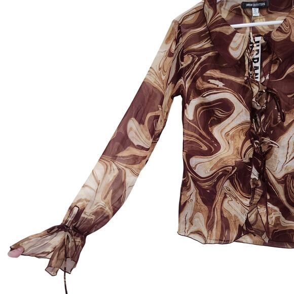 Urban Outfitters Misty Marble Tie-Front Blouse Long Sleeve Brown Tan Size XS NWT - Picture 4 of 13
